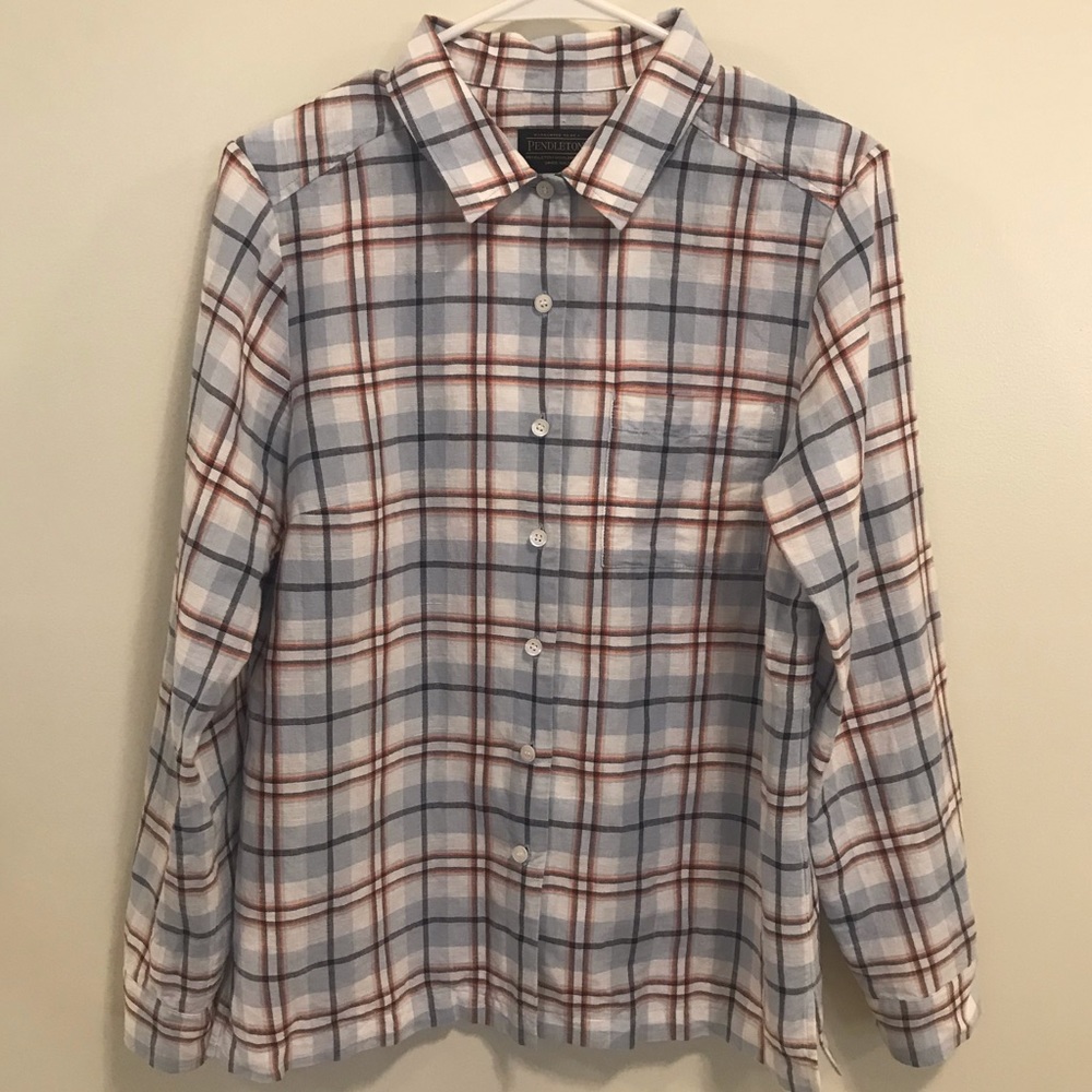 Pendleton Linen Cotton Button Blue Plaid Shirt - image 1